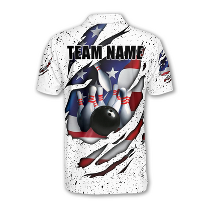 Custom Grunge White American Flag Bowling Polo Shirt For Mens, Custom Patriotic Bowling Team Shirts BM0339
