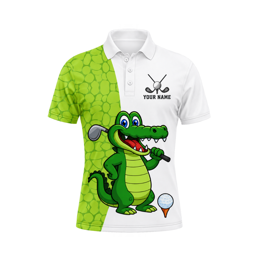 Custom Funny Crocodile Men's Green And White Golf Polo Shirts, Crocodile Golf Team Shirts GZ0471