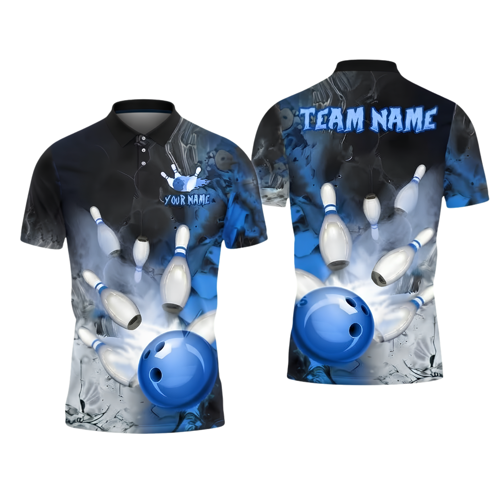 Custom Team Blue Smoke Bowling Polo Shirt For Men, Custom Bowling Shirt BZ1020