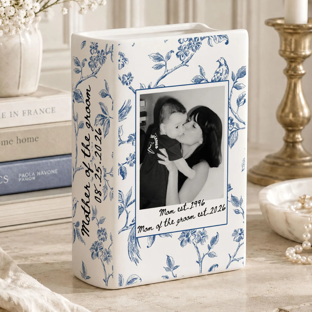 Custom Photo Mother of The Groom Toile De Jouy Ceramic Book Vase, Custom Wedding Book Vase For Mother Of The Groom WD0634