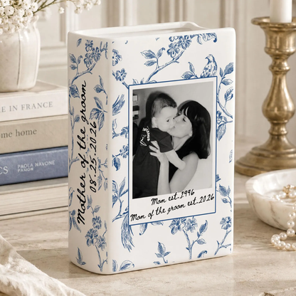 Custom Photo Mother of The Groom Toile De Jouy Ceramic Book Vase, Custom Wedding Book Vase For Mother Of The Groom WD0634