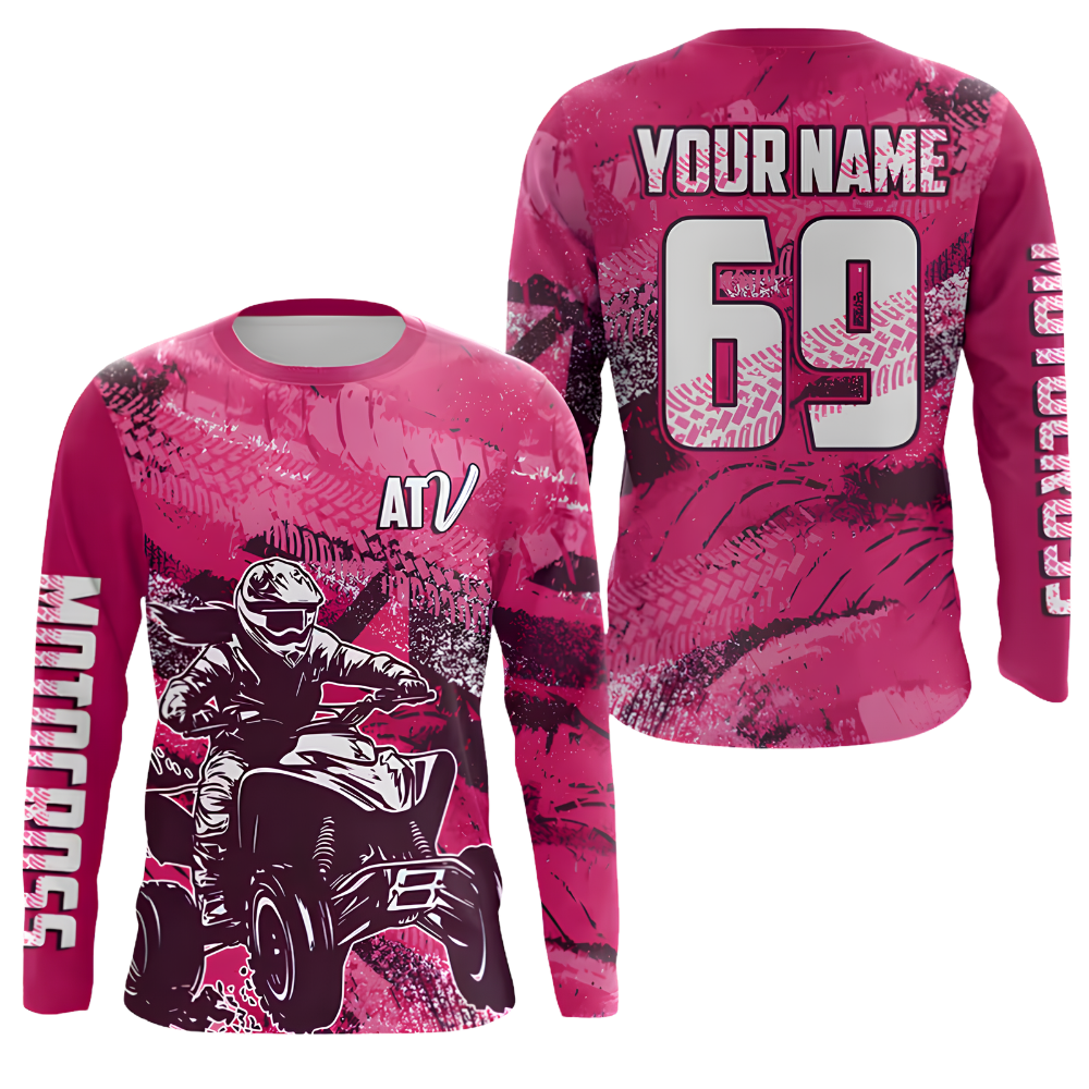 Custom ATV Racing Pink Long Sleeve Motocross Jersey For Men, Custom ATV Dirt Bike Shirts MZ0132