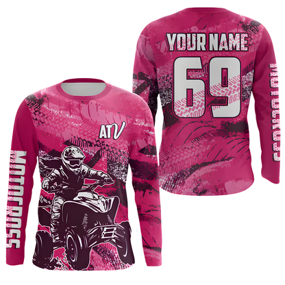 Custom ATV Racing Pink Long Sleeve Motocross Jersey For Men, Custom ATV Dirt Bike Shirts MZ0132