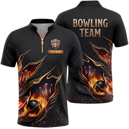Custom Flame Bowling Mens Jersey Black And Gold, Custom Flame Bowling Team Shirt BZ0949