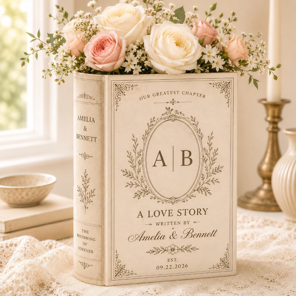 A Love Story Custom Couple Name Initials Wedding Ceramic Book Vase, Custom Wedding Engagement Anniversary Book Vase WD0614