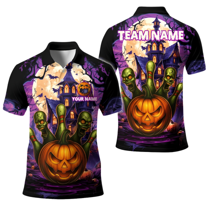 Custom Skull Pumpkin Bowling Polo Shirt For Men, Custom Halloween Bowling Team Shirt BE0249