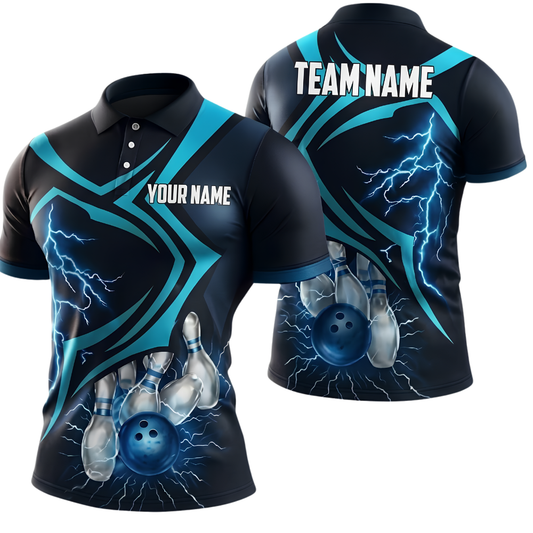 Custom Thunder Mens Bowling Polo Shirt Black Blue, Custom Thunder Bowling Shirt For Team BZ0976