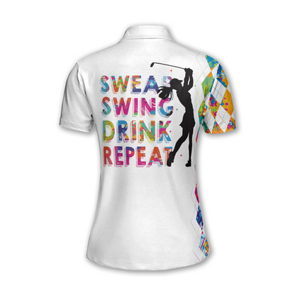 Swear Swing Drink Repeat Custom Colorful Argyle Women's Golf Polo Shirt, Women's Custom Funny Golf Shirts GW0073