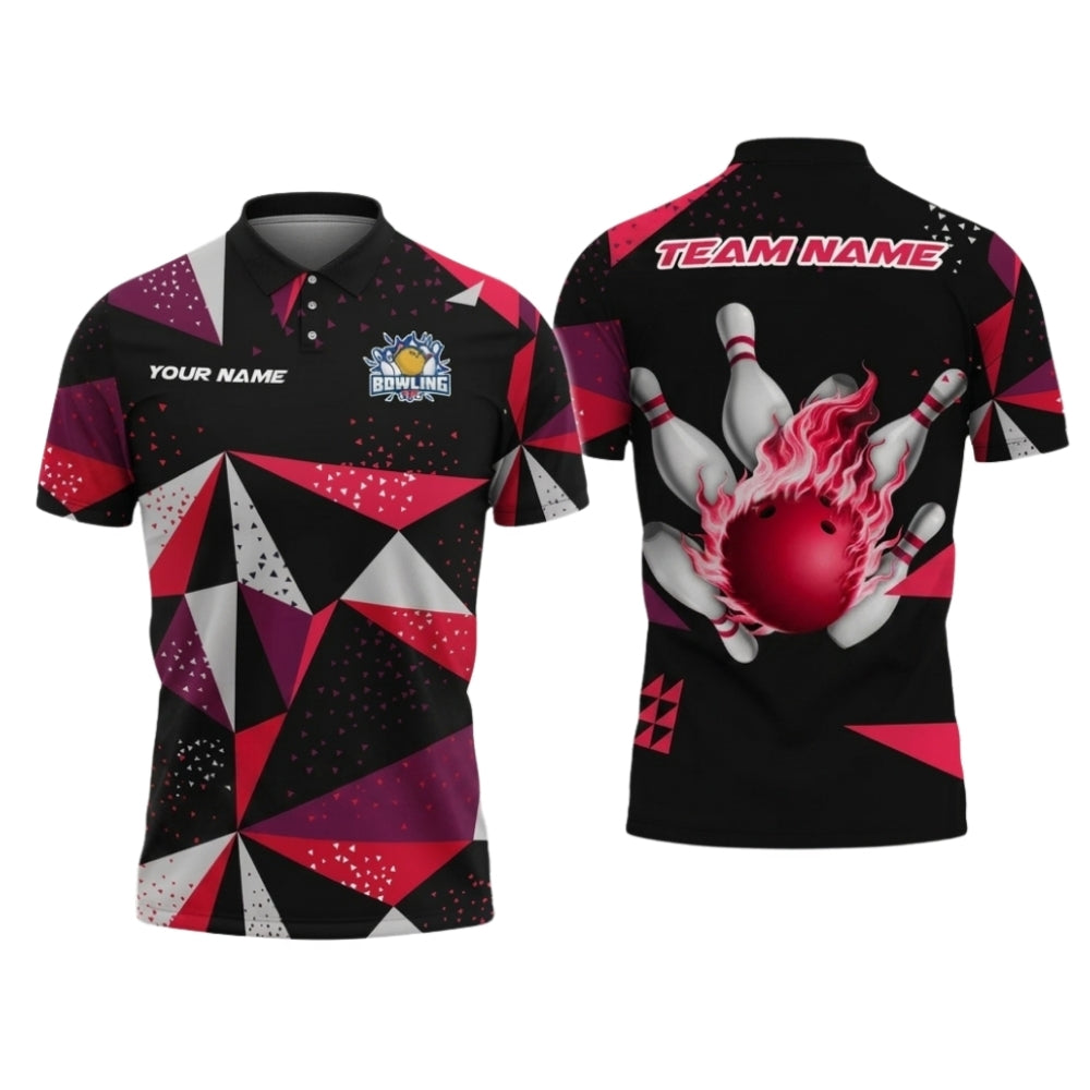 Custom Team White Red Geometric Bowling Polo Shirt Men, Custom Bowling Team Shirts BZ0732