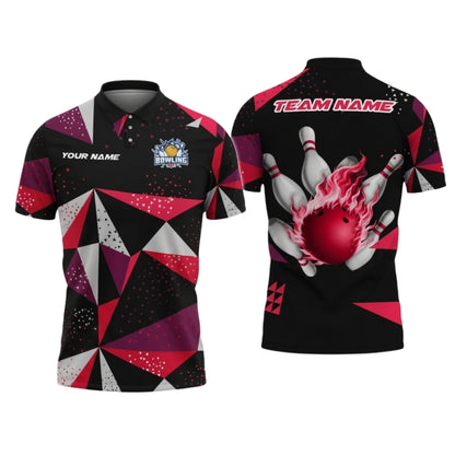 Custom Team White Red Geometric Bowling Polo Shirt Men, Custom Bowling Team Shirts BZ0732