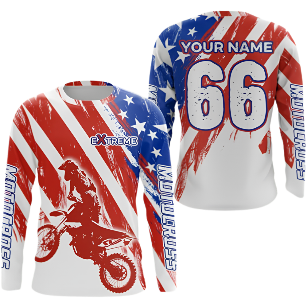 Custom American Flag Rider Men's Motocross Long Sleeve Jersey, Custom Patriotic Dirt Bike Shirts MZ0138