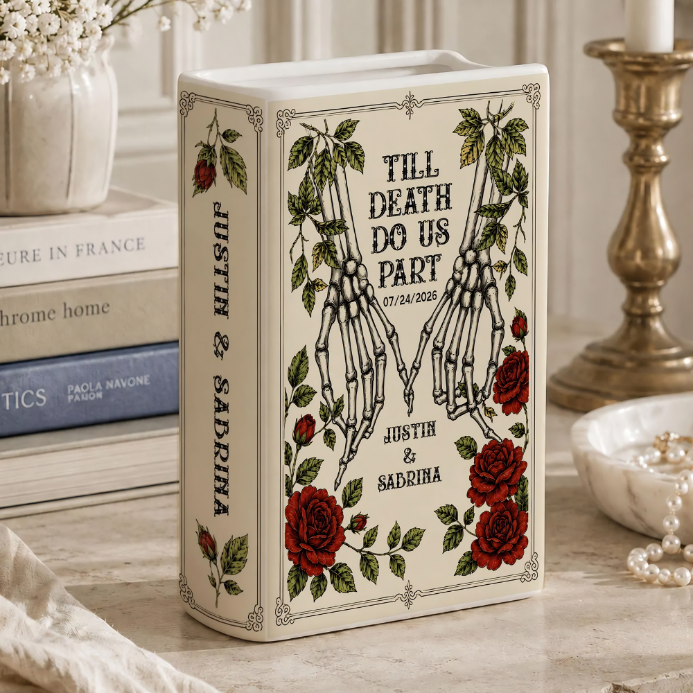 Till Death Do Us Part Custom Couple Skeleton Wedding Anniversary Ceramic Book Vase, Custom Skull Book Vase For Wedding WD0621