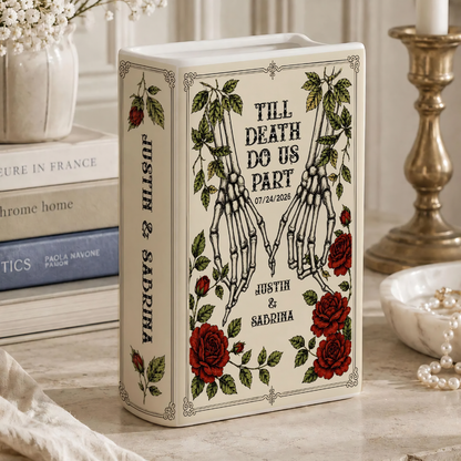 Till Death Do Us Part Custom Couple Skeleton Wedding Anniversary Ceramic Book Vase, Custom Skull Book Vase For Wedding WD0621