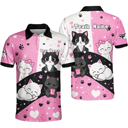 Custom Cat Pink White Bowling Polo Shirt For Men, Custom Cat Team Bowling Shirts BZ0853