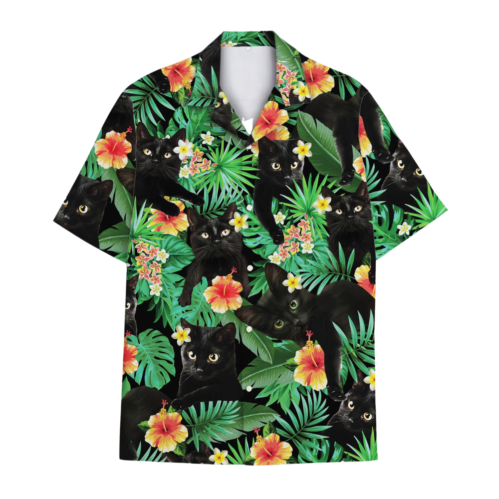 Tropical Black Cat Hawaiian Shirt Men Women, Cat Hawaiian Shirt HE0551