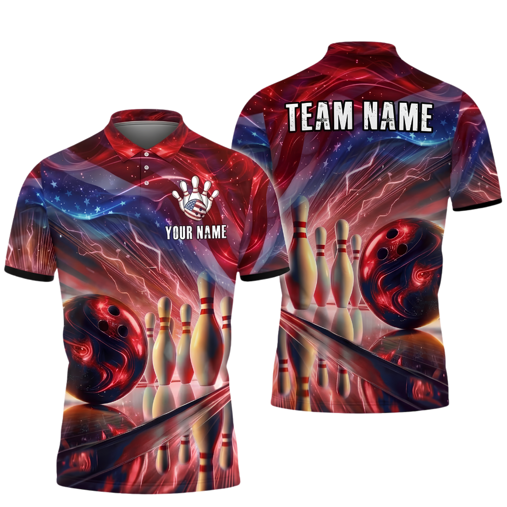 Custom Neon American Flag Bowling Polo Shirt For Men, Custom Patriotic Bowling Team Shirts BZ0906