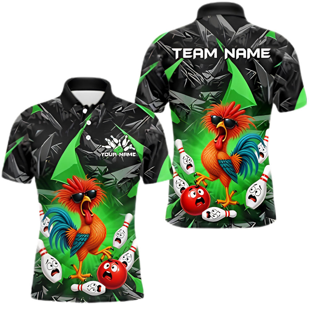 Custom Funny Chicken Bowling Polo Shirt For Men, Custom Chicken Team Bowling Shirt BZ0951