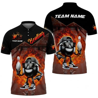 Custom Funny Ball Flame Bowling Polo Shirt For Men, Custom Flame Bowling Team Shirt BZ0836