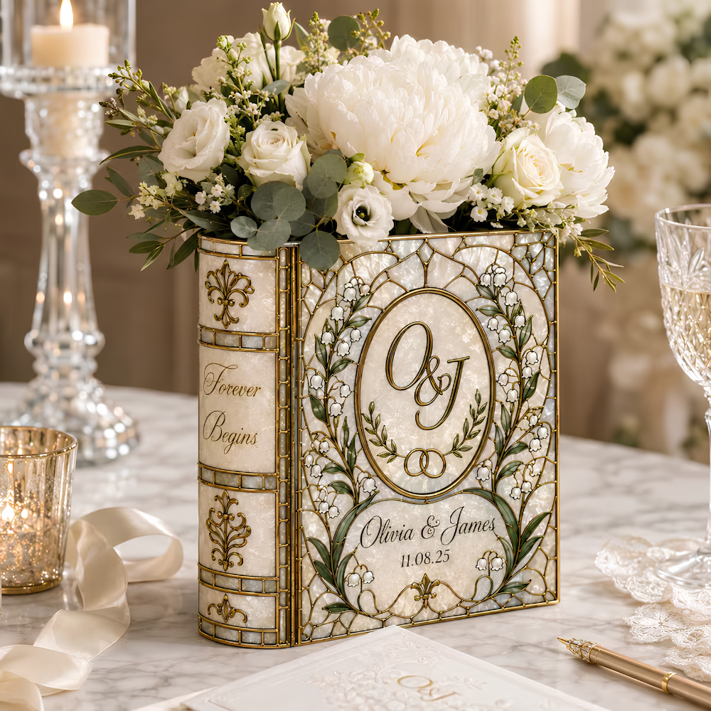 Custom Wedding Lily of the Valley Stained Glass Ceramic Book Vase, Custom Stained Glass Book Vase For Wedding Engagement WD0598
