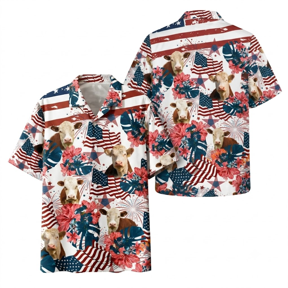 Hereford Cow USA Flag Hawaiian Shirt For Men, Cow Lover Patriotic Hawaiian Shirt HE0697