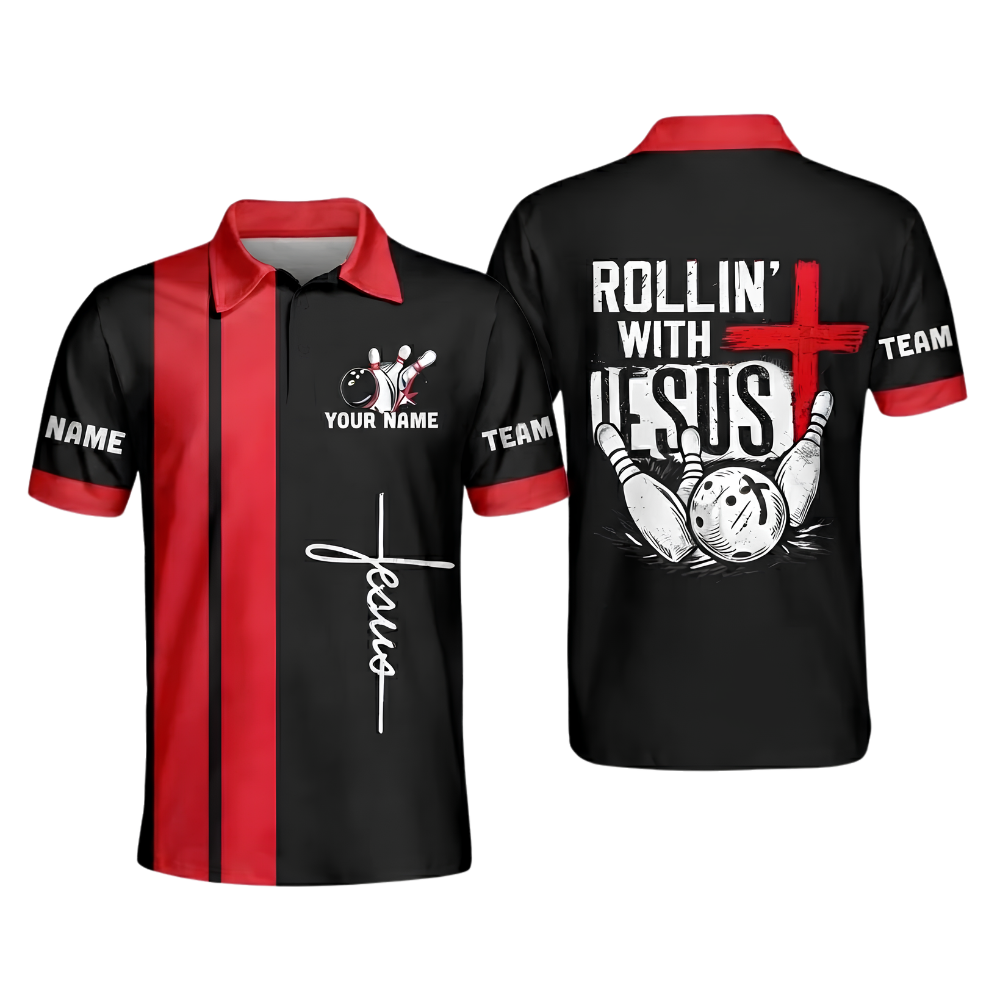 Rollin With Jesus Custom Mens Cross Bowling Polo Shirt Red Black, Custom Christian Bowling Team Shirts BZ1033
