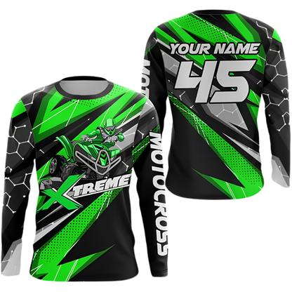 Custom Green Hexagon ATV Racing Men's Motocross Long Sleeve Jersey, Custom ATV Dirt Bike Shirts MZ0142