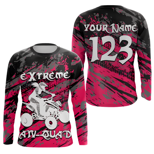 Custom Grunge ATV Rider Women's Pink Motocross Long Sleeve Racing Jersey, Custom ATV Shirts For Ladies MZ0147
