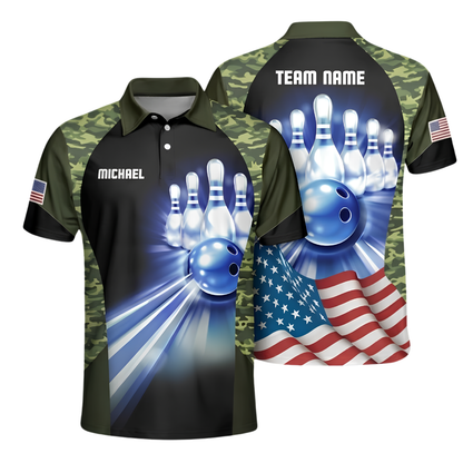 Custom Camo American Flag Bowling Polo Shirt For Men, Custom Camo Bowling Team Shirt BZ0975