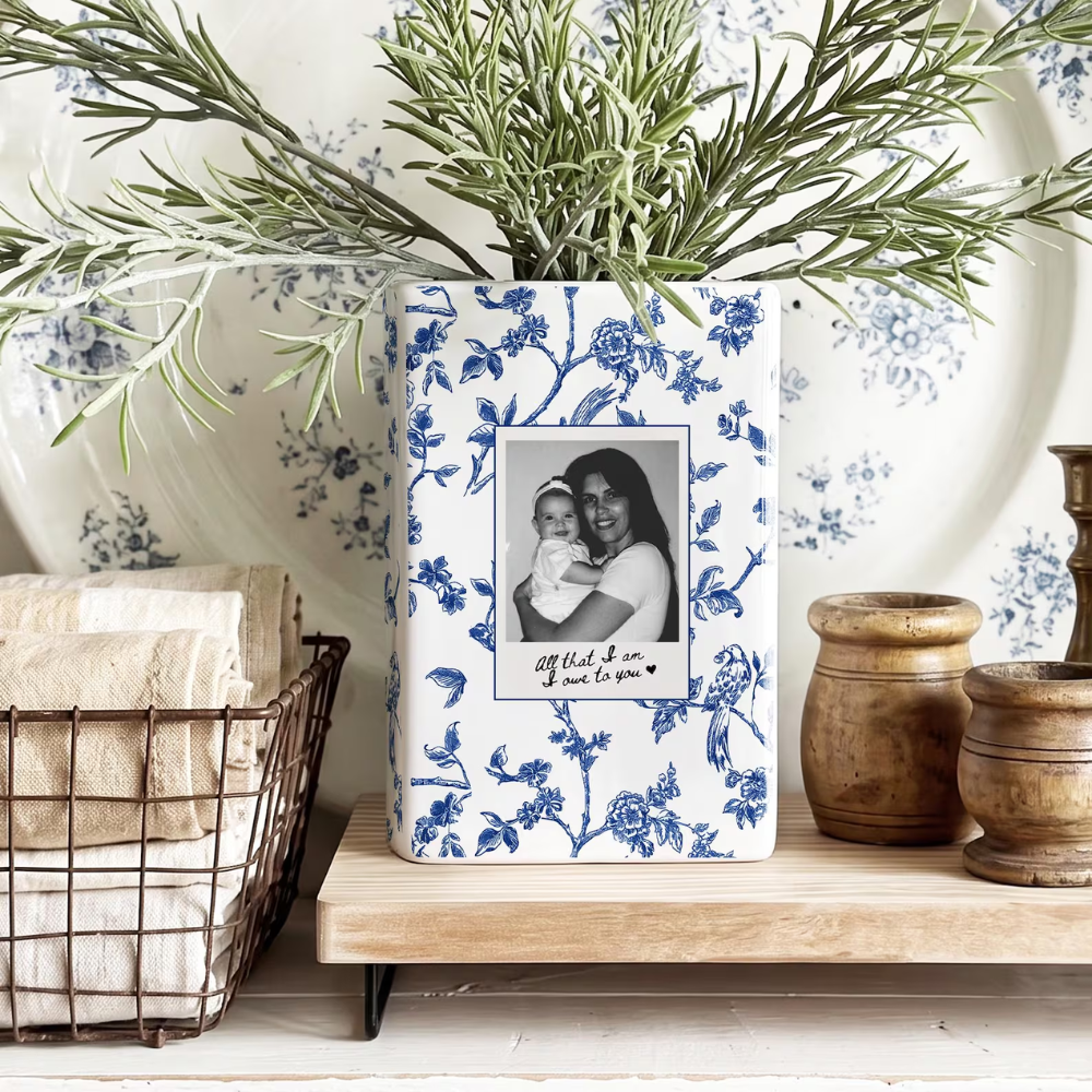Personalized Toile de Jouy Photo Wedding Ceramic Book Vase For Mom, Custom Mother Of The Bride Groom Book Vase WD0638