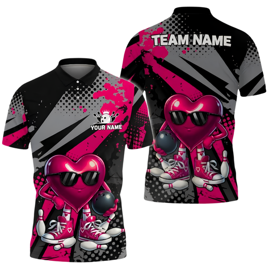 Custom Heart Ball Bowling Team Polo Shirt Mens, Custom Bowling Shirt BZ1022