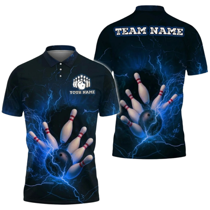 Blue Thunder Custom Mens Bowling Polo Shirt, Custom Thunder Team Bowling Shirts BZ0826