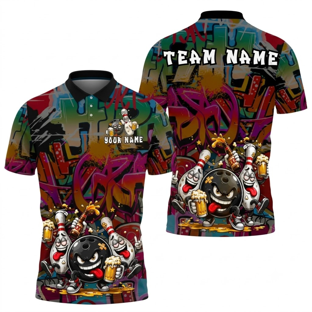 Funny Pins And Ball Custom Mens Graffiti Bowling Polo Shirt, Custom Funny Bowling Team Shirt BZ0866