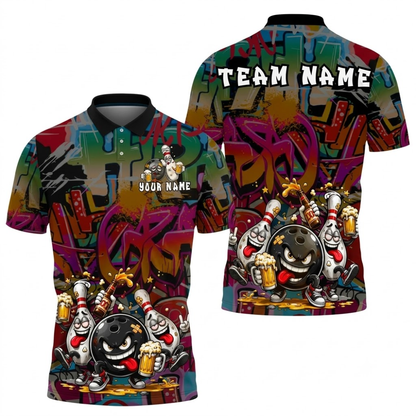 Funny Pins And Ball Custom Mens Graffiti Bowling Polo Shirt, Custom Funny Bowling Team Shirt BZ0866
