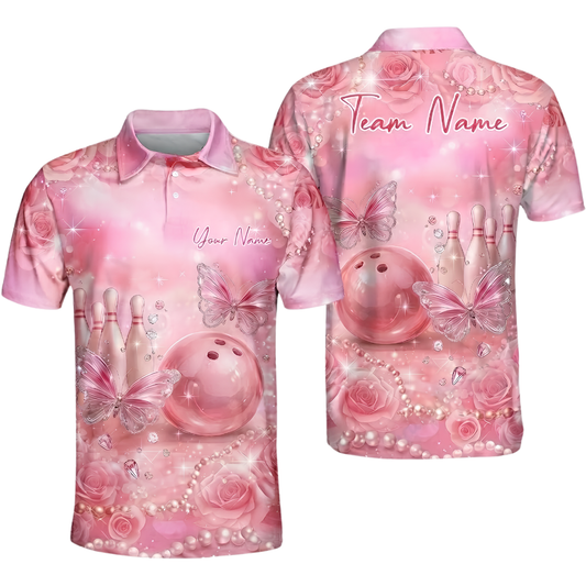 Custom Butterflies Pink Bowling Polo Shirt For Men, Custom Team Butterfly Bowling Shirt BZ1035