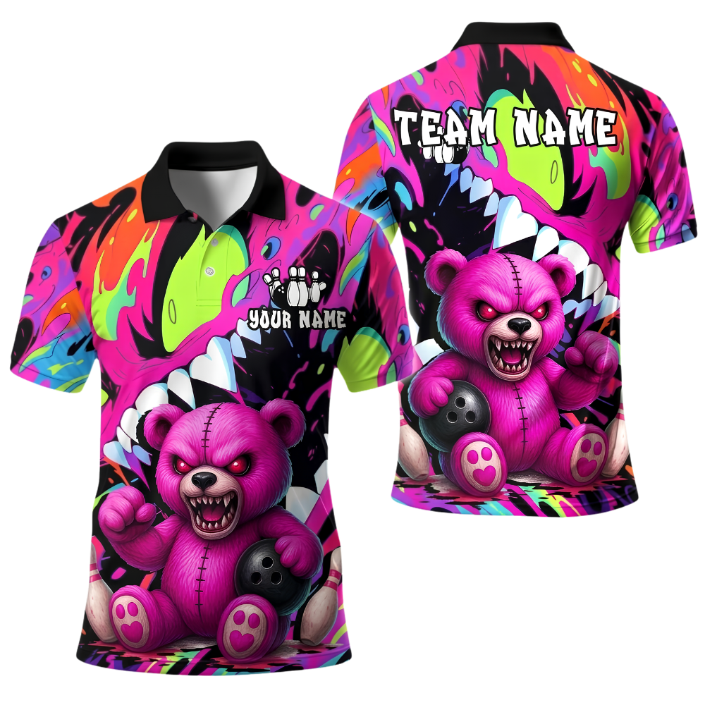 Custom Angry Teddy Bear Mens Bowling Polo Shirt, Custom Bear Team Bowling Shirt BE0262