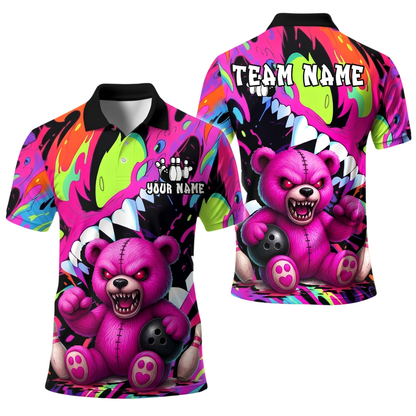 Custom Angry Teddy Bear Mens Bowling Polo Shirt, Custom Bear Team Bowling Shirt BE0262