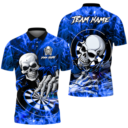 Custom Skull Blue Flame Darts Polo Shirt For Men, Custom Skull Darts Team Shirt DZ0171
