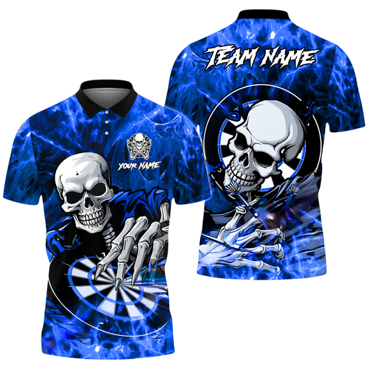 Custom Skull Blue Flame Darts Polo Shirt For Men, Custom Skull Darts Team Shirt DZ0171