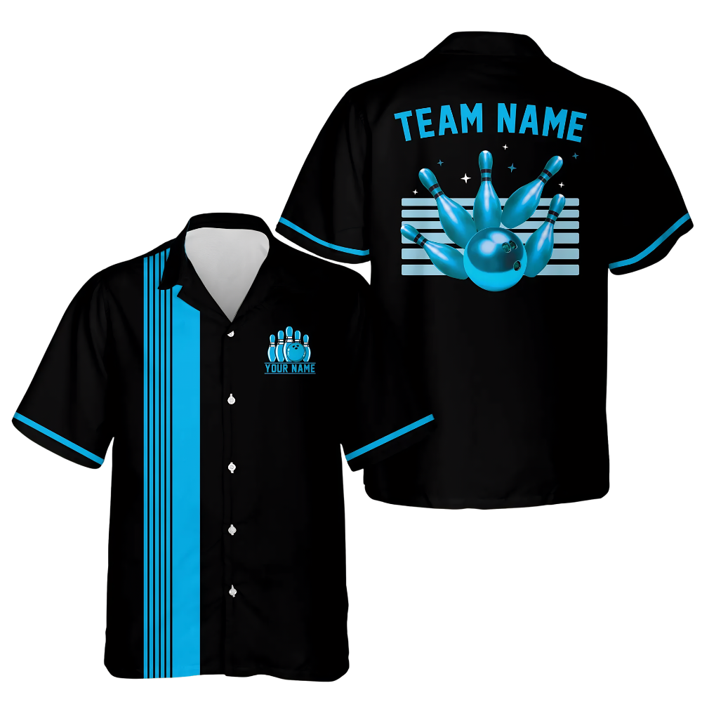 Custom Neon Blue Vintage Bowling Hawaiian Shirt Men, Custom Team Bowling Shirt BE0252