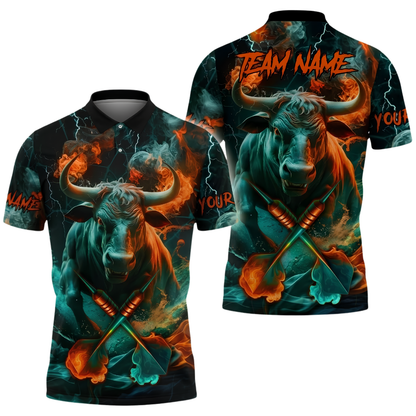 Custom Bull Smoke Orange Cyan Darts Polo Shirt For Men, Custom Bull Dart Team Shirts DZ0165