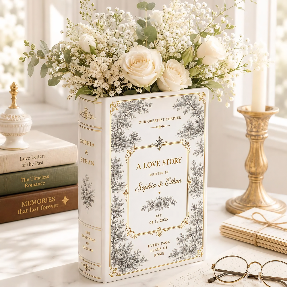Custom Wedding Toile De Jouy Ceramic Book Vase, Custom Wedding Engagement Book Vase WD0603