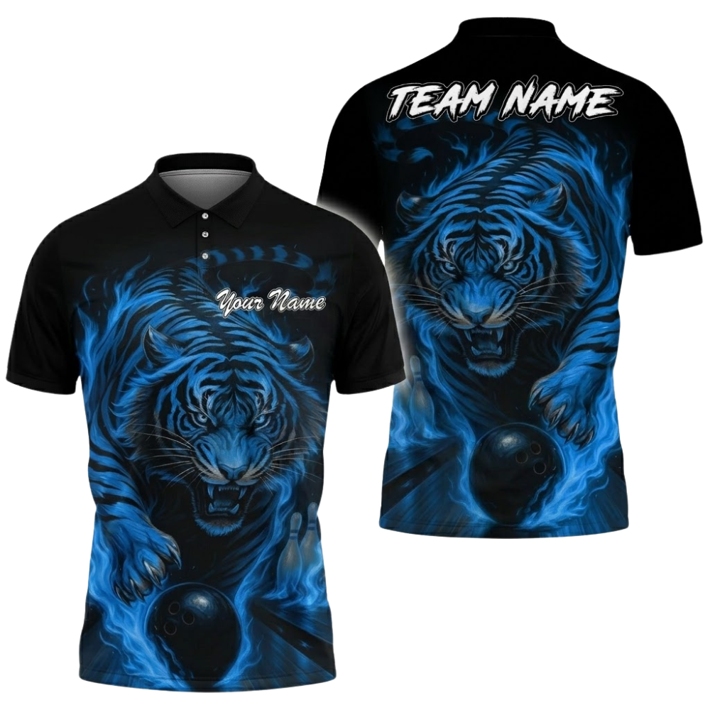 Tiger Flame Custom Mens Blue Bowling Polo Shirt, Custom Tiger Bowling Shirt Team BZ0831