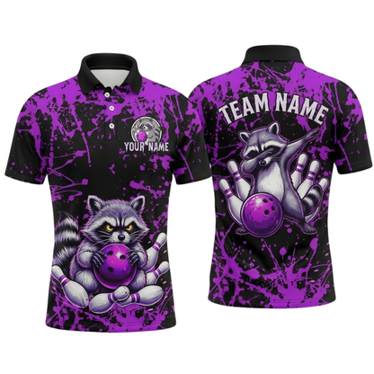 Custom Raccoon Purple Bowling Polo Shirt Men, Custom Raccoon Bowling Team Shirts BZ0818