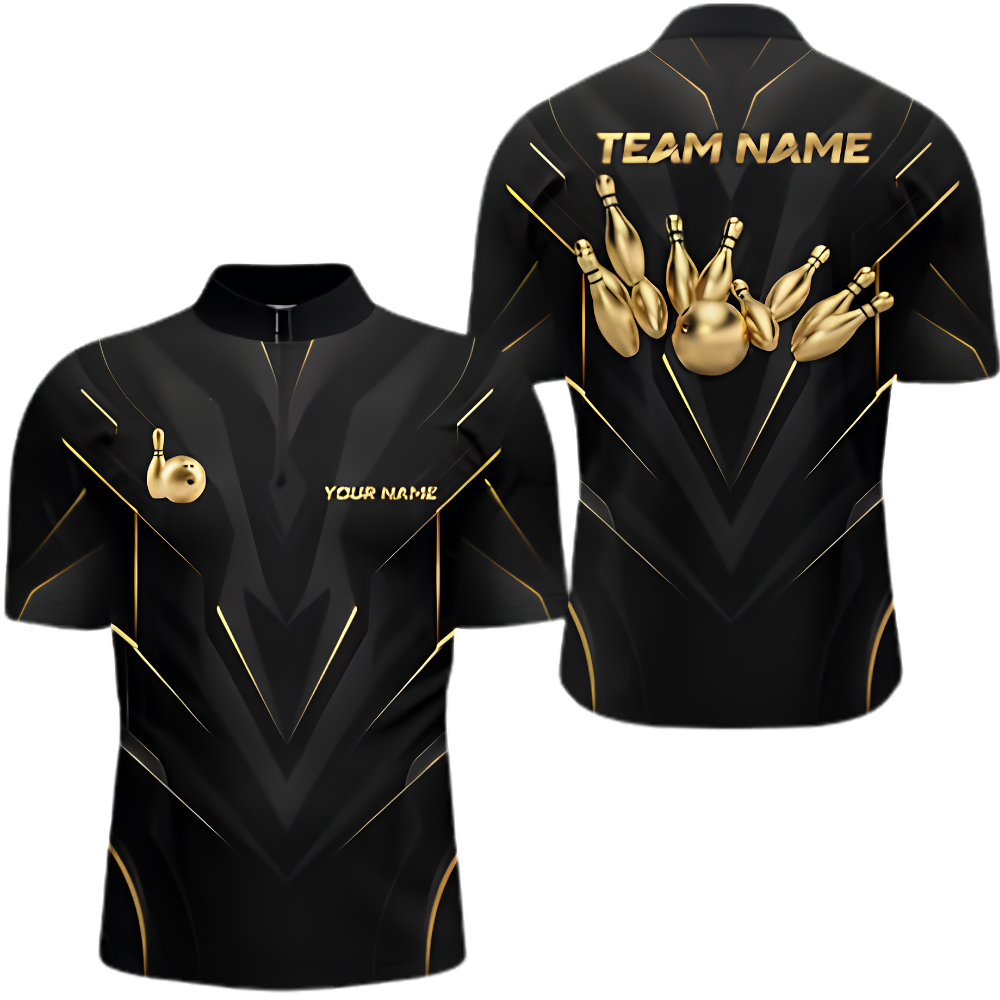 Custom Black Gold Bowling Jersey For Men, Custom Team Bowling Shirt BZ0883