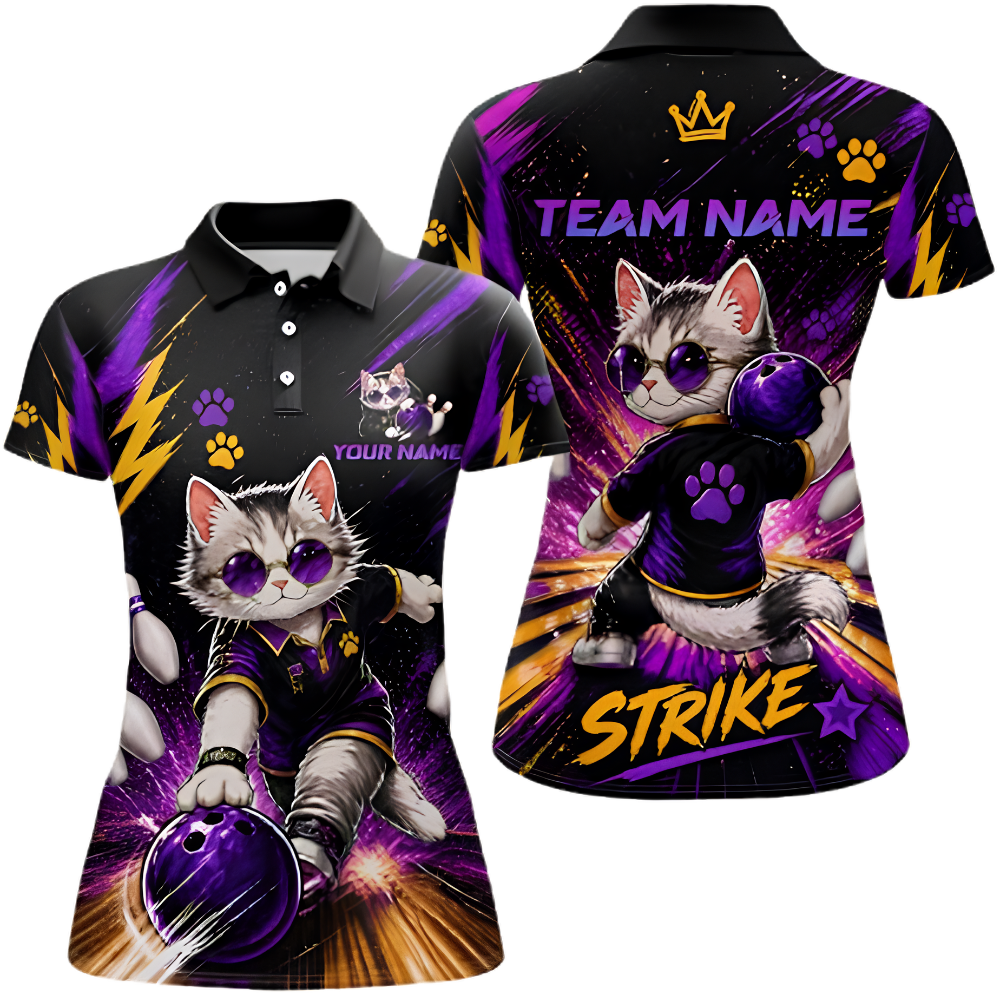 Custom Cat Cute Womens Bowling Polo Shirt, Custom Cat Team Bowling Shirt For Ladies BZ0891