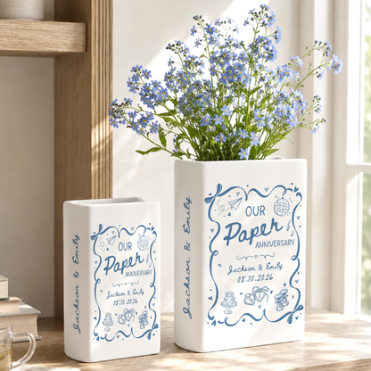 Our Paper Anniversary Custom Ceramic Book Vase For Couple, Custom First Wedding Anniversary Book Vase WD0643