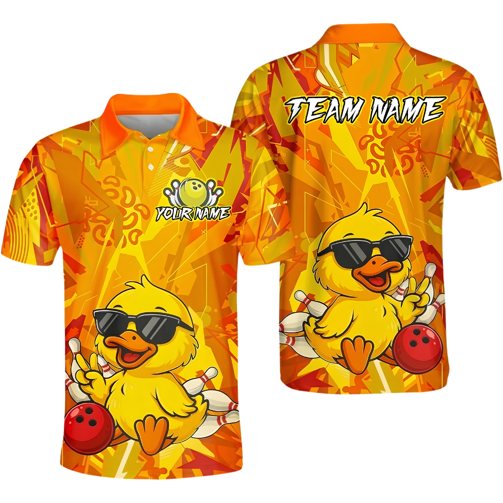Funny Duck Custom Mens Bowling Polo Shirt Yellow, Custom Duck Bowling Team Shirt BZ1030