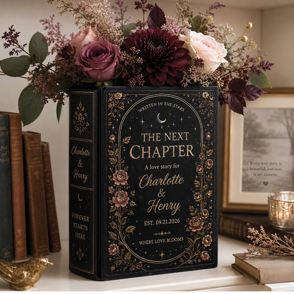 Personalized The Next Chapter Gothic Wedding Ceramic Book Vase, Custom Wedding Engagement Gothic Book Vase WD0605