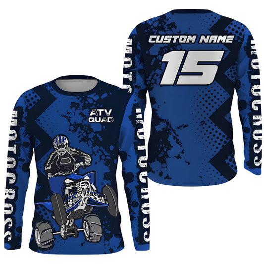 Customm ATV Racing Blue Dirt Bike Long Sleeve Jersey For Men, Customized ATV Dirt Bike Shirts MZ0144