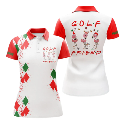 Golf Friends Personalized  Christmas Flamingo Argyle Golf Polo Shirts For Women, Custom Flamingo Ladies Golf Shirts GZ0419